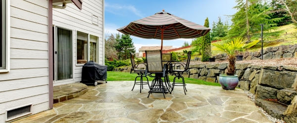 Home patio area overlooking beautiful landscaping